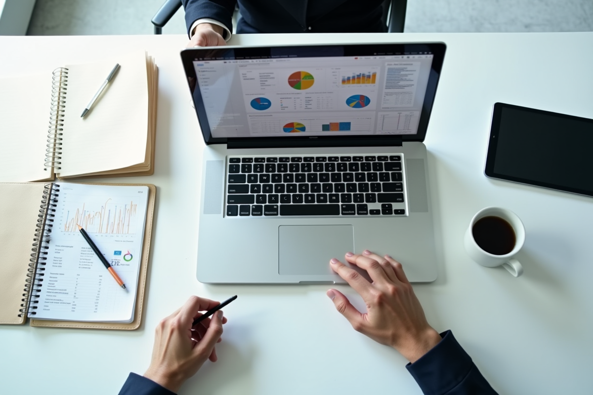 Mains manipulant un ordinateur portable avec graphiques et notes