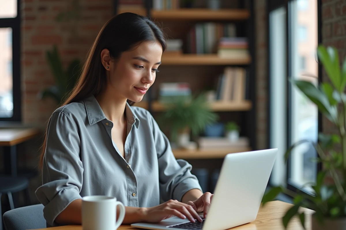 Femme utilisant un webmail professionnel sur ordinateur portable dans un espace de coworking moderne